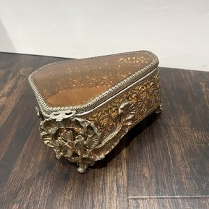 Antique amber glass and brass jewelry box